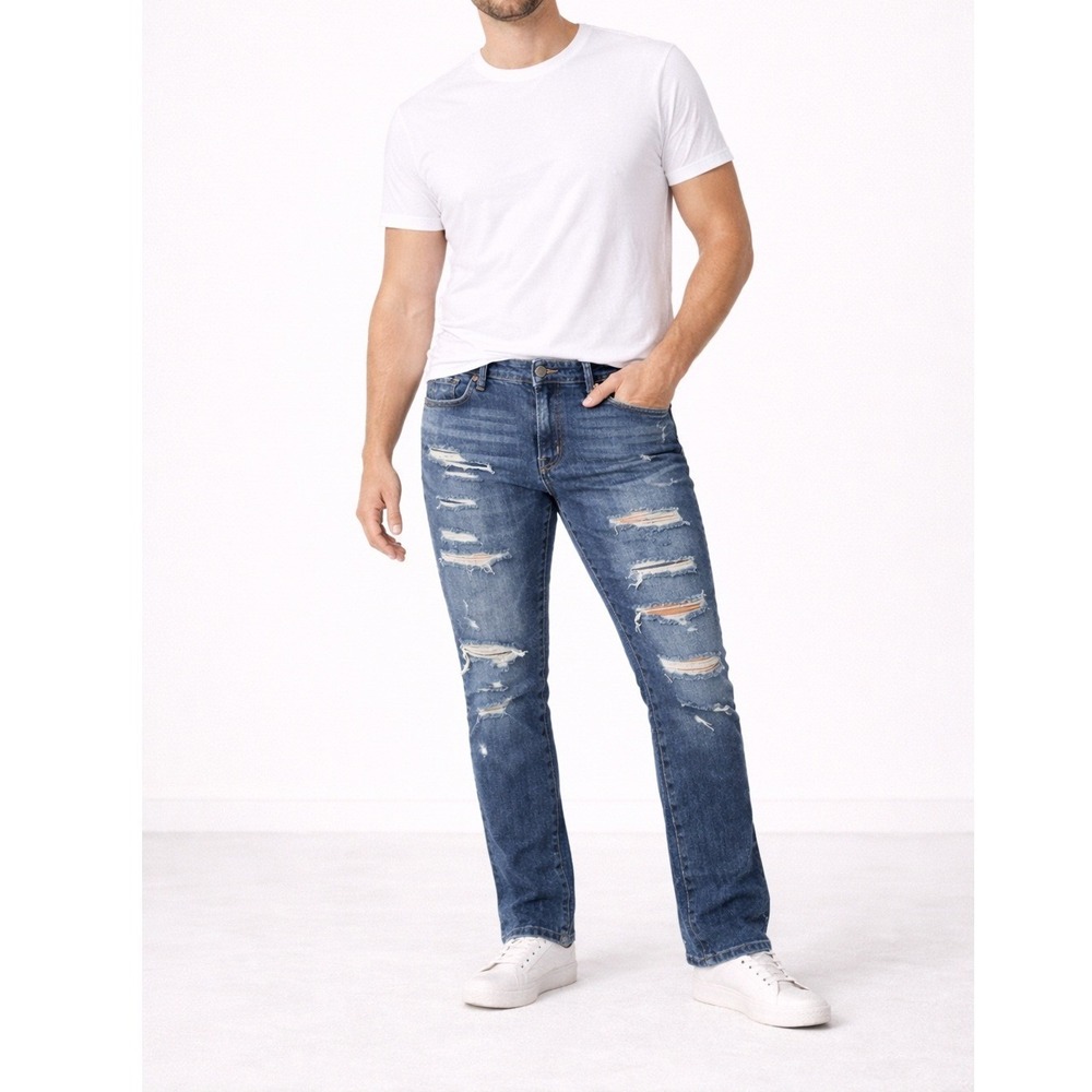 Mens Distressed Straight Leg Jeans Medium Indigo Wash Ripped Denim Pants